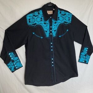 Scully Gunfighter Western Embroidered Turquoise/Black snap down Shirt
